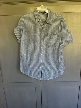 Quince Blue and White Striped Linen Short-Sleeve Button-Down